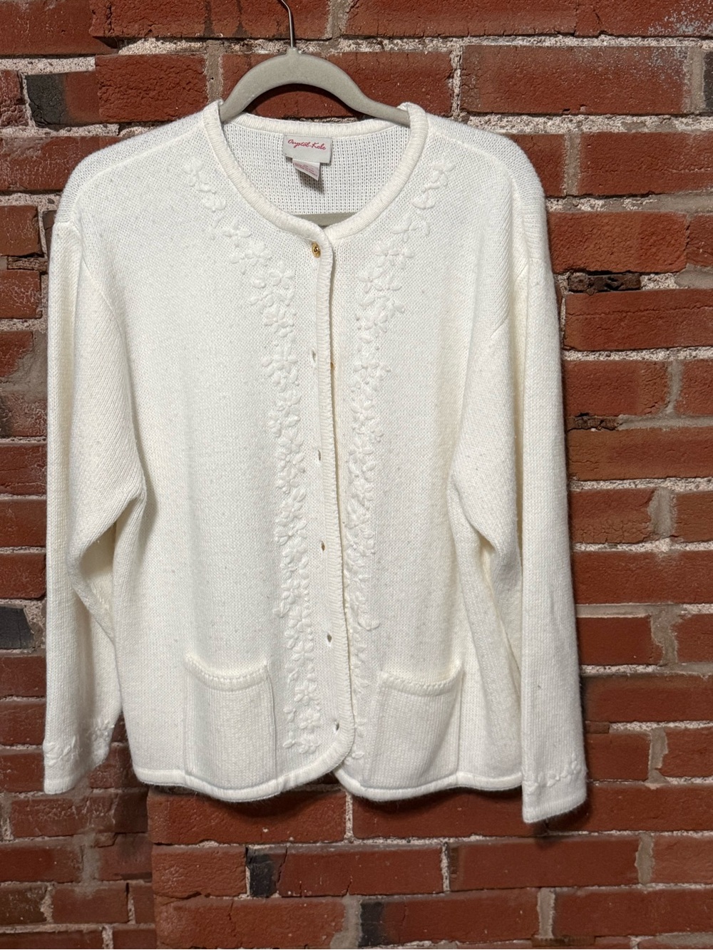 White Embroidered Button-Front Sweater Cardigan